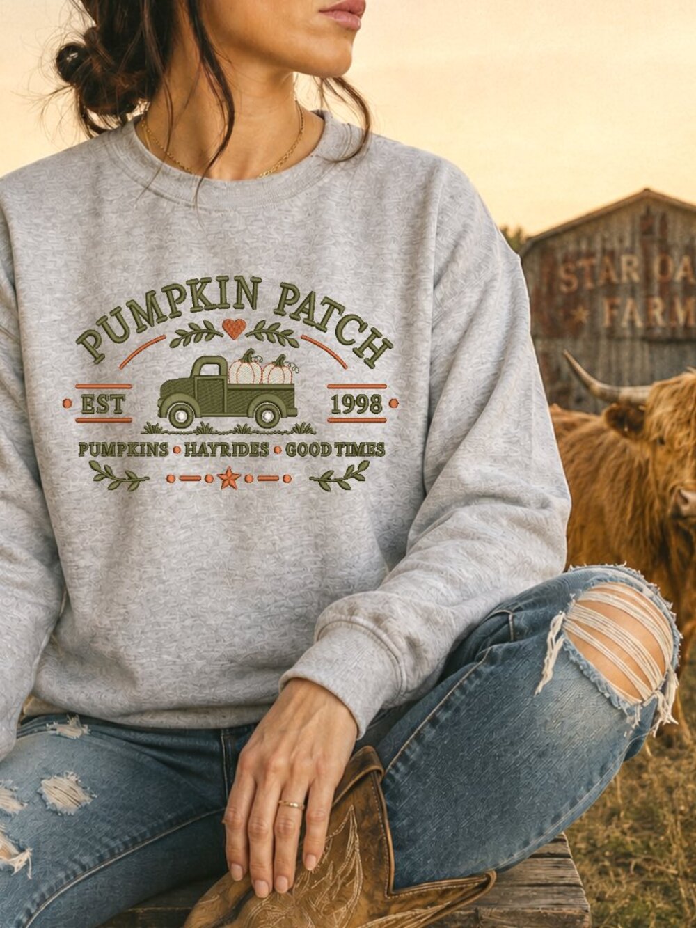 Pumpkin Patch Sweatshirt Embroidered Unisex Crewneck Truck Fall Autumn Cozy